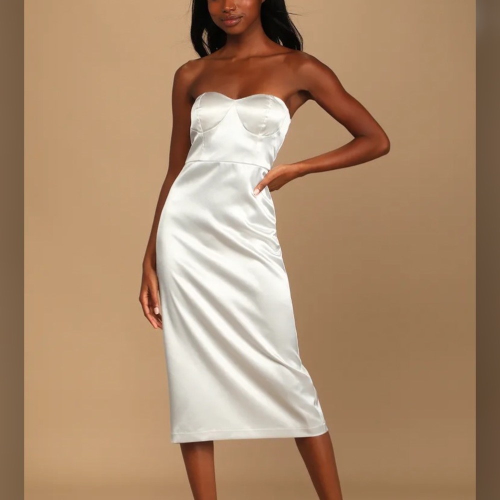 Lulus white satin strapless midi dress